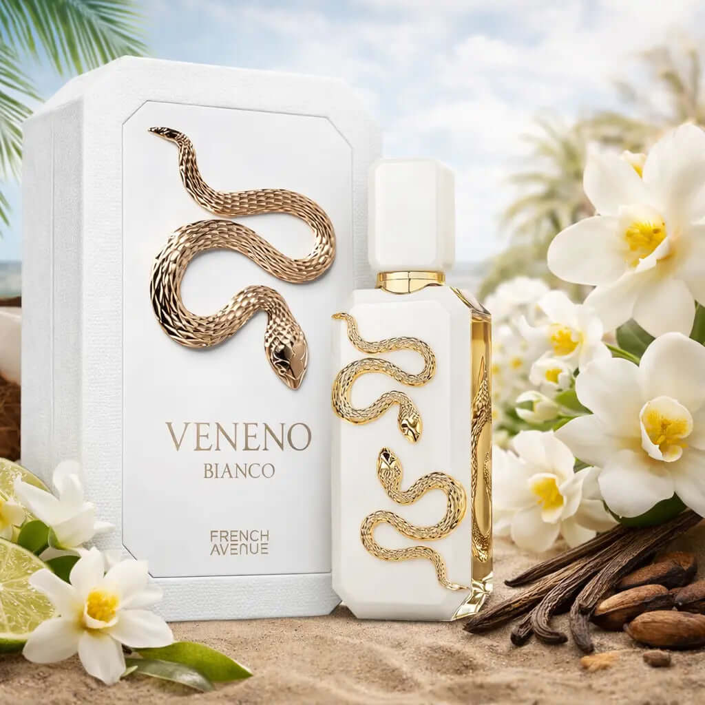 FRENCH AVENUE Veneno Bianco perfume bottle with packaging and flowers on a beach setting, Veneno Bianco French Avenue