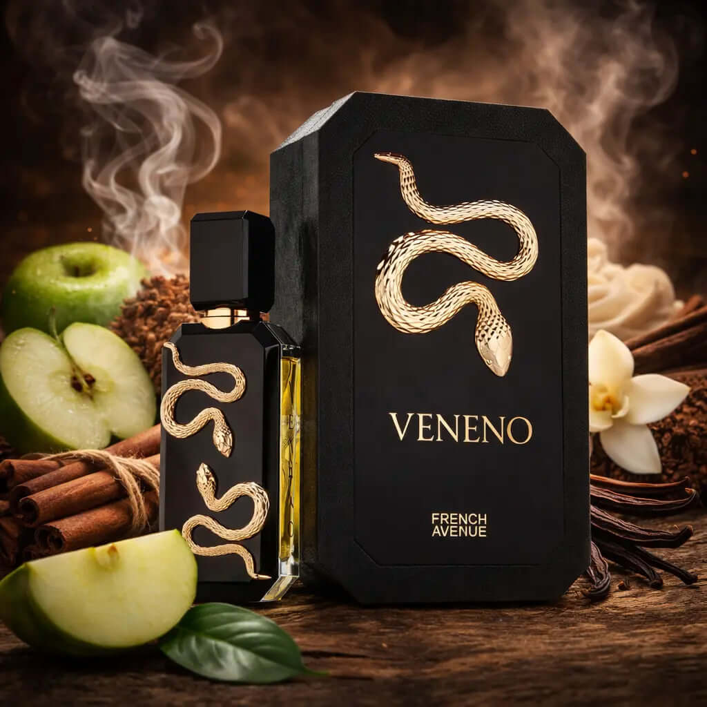 FRENCH AVENUE Veneno Black Perfume bottle with 'Veneno' packaging featuring a snake design, surrounded by apples, cinnamon, and vanilla beans on a dark background.