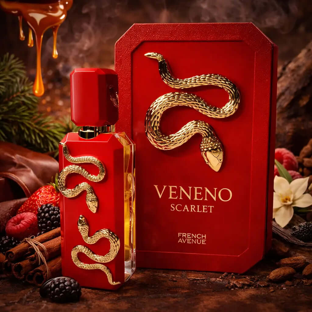 FRENCH AVENUE Veneno Scarlet Red 'Veneno Scarlet' perfume bottle and packaging with gold snakes, surrounded by berries and flowers.