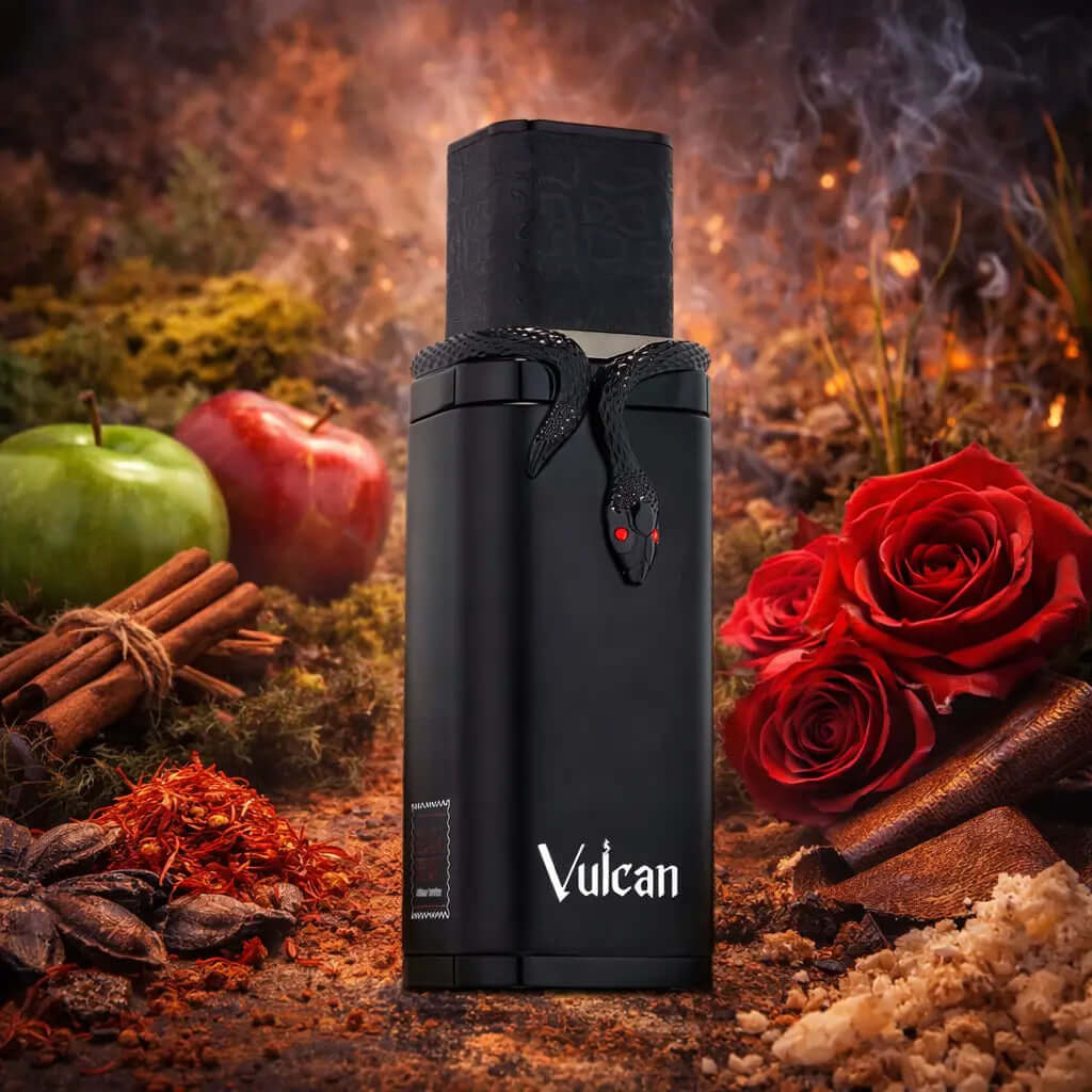 FRENCH AVENUE Vulcan Black Friday Black vape device with 'Vulcan' branding surrounded by apples, roses, and spices on a rustic background, Vulcan Black Friday French Avenue