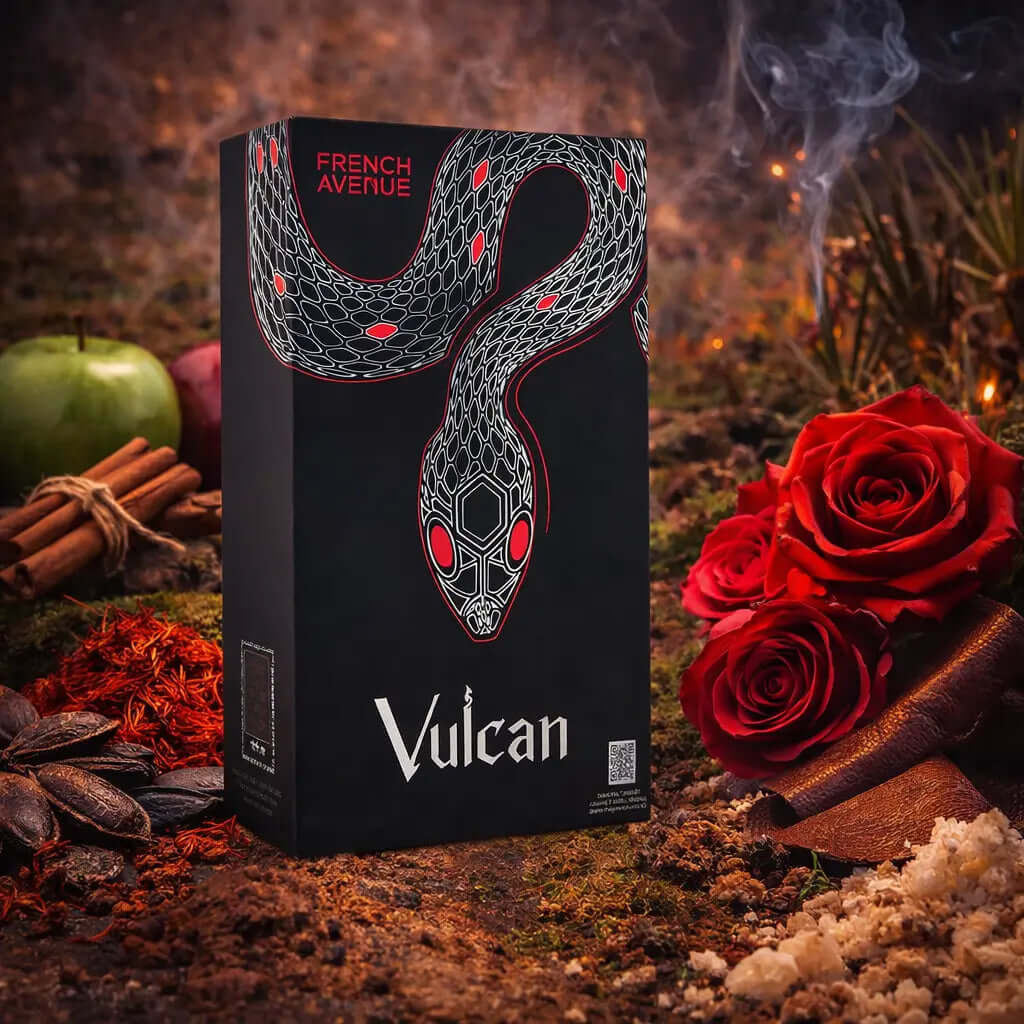 FRENCH AVENUE Vulcan Black Friday Black vape device with 'Vulcan' branding surrounded by apples, roses, and spices on a rustic background, Vulcan Black Friday French Avenue
