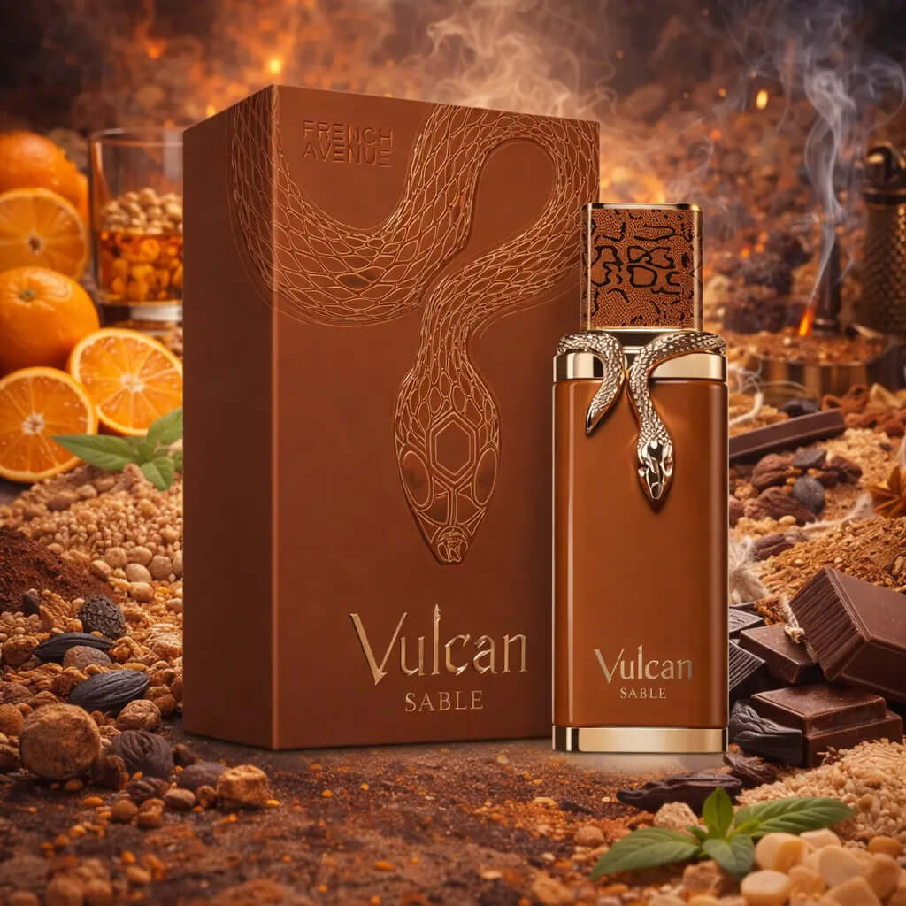 FRENCH AVENUE Vulcan Sable perfume bottle and packaging with snake design on a richly textured background, Vulcan Sable French Avenue