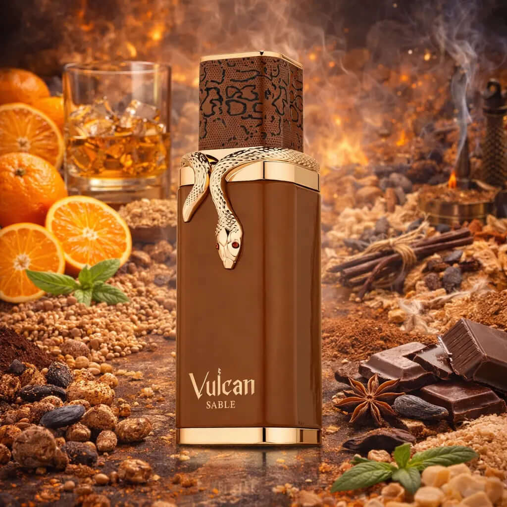 FRENCH AVENUE Vulcan Sable perfume bottle surrounded by oranges, chocolate, and spices on a warm-toned background, Vulcan Sable French Avenue