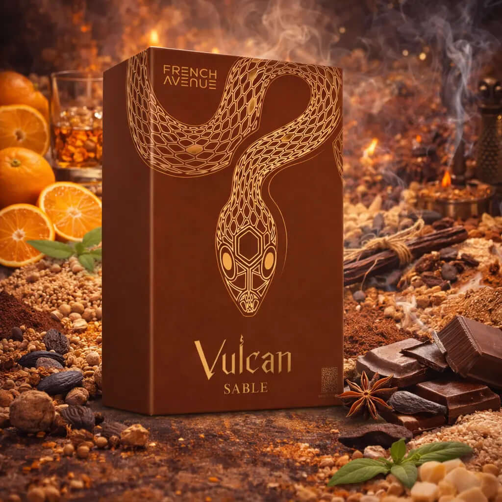 FRENCH AVENUE Vulcan Sable perfume bottle surrounded by oranges, chocolate, and spices on a warm-toned background, Vulcan Sable French Avenue